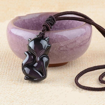 collier renard totem obsidienne